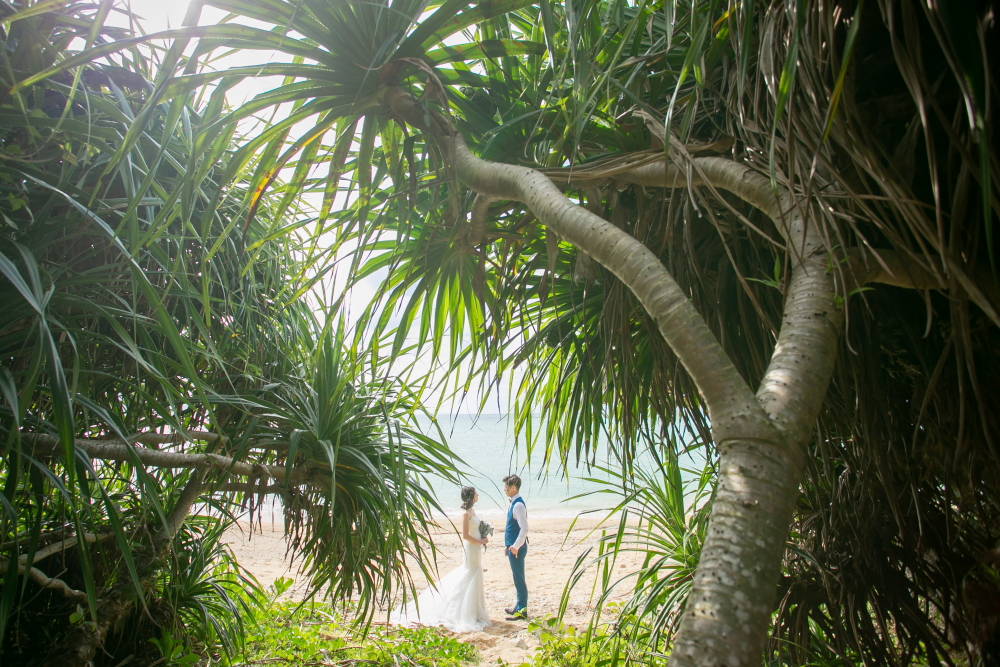 洋装では木綿原ビーチで撮影。先ずは入り口の緑のトンネルから撮影して、徐々に砂浜へい流れていきビーチ撮影。